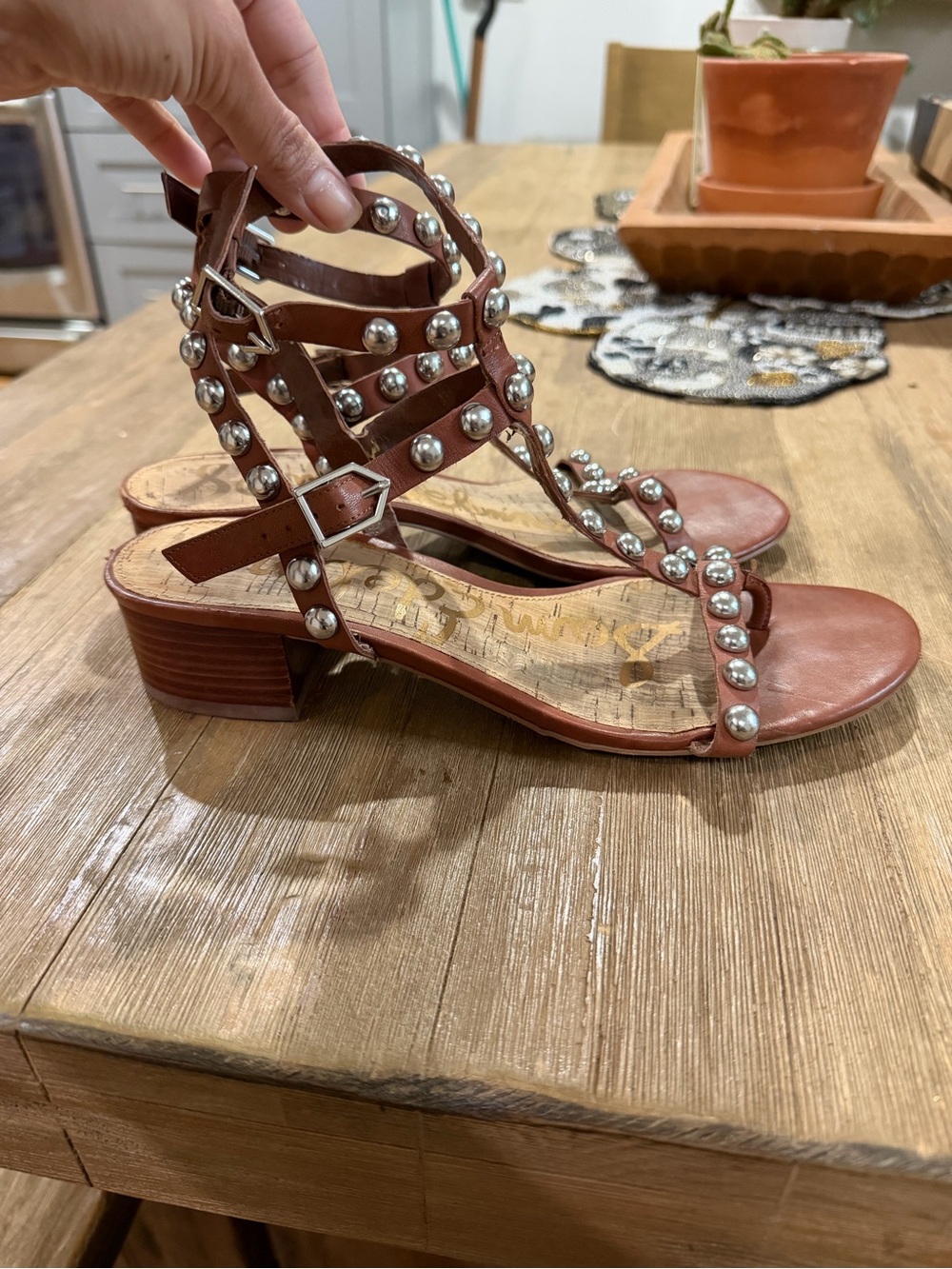 Sam Edelman Studded Brown Leather Block Heel Sandals - Women